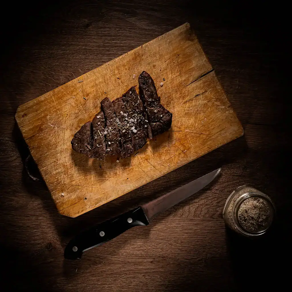 Una bistecca ben cotta pronta per essere servita.